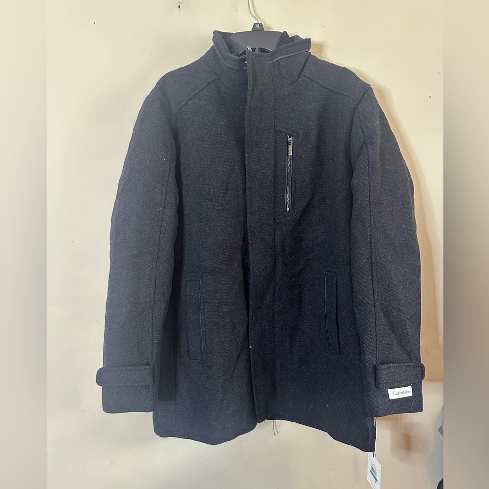 Calvin Klein Mens Stand Collar Zip Front Wool Coat Lined  Navy Blue SZ L NWT